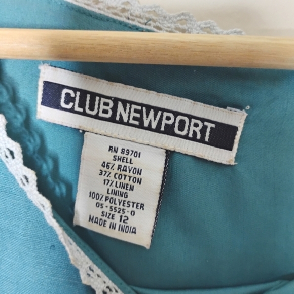 VTG 90s Club Newport Maxi Dress 12 Blue Embroidered Hem Crochet Trim Lined - Picture 7 of 8